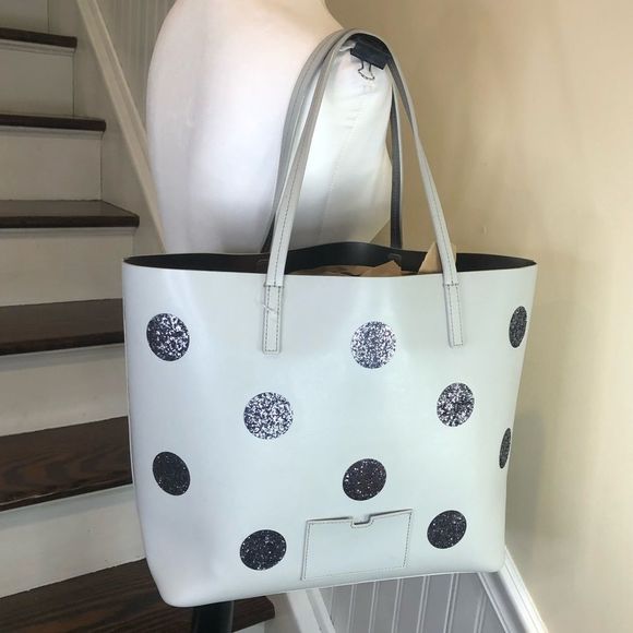 KATE SPADE Silver Glitter Polka Dot White Leather Tote Shoulder Bag Zip Pocket - Picture 3 of 17